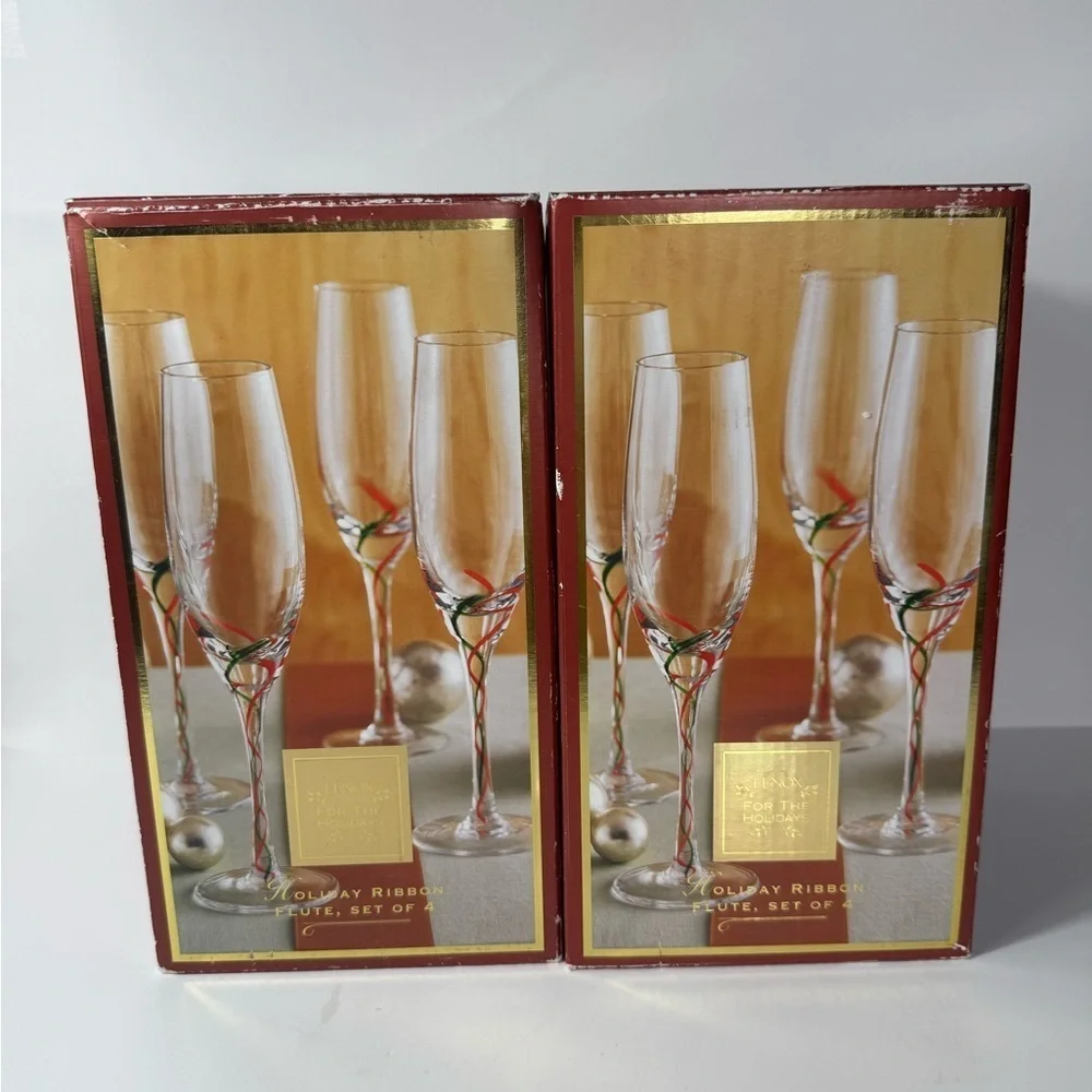 Holiday Ribbon Flute set of 8 Champagne by Lenox Crystal